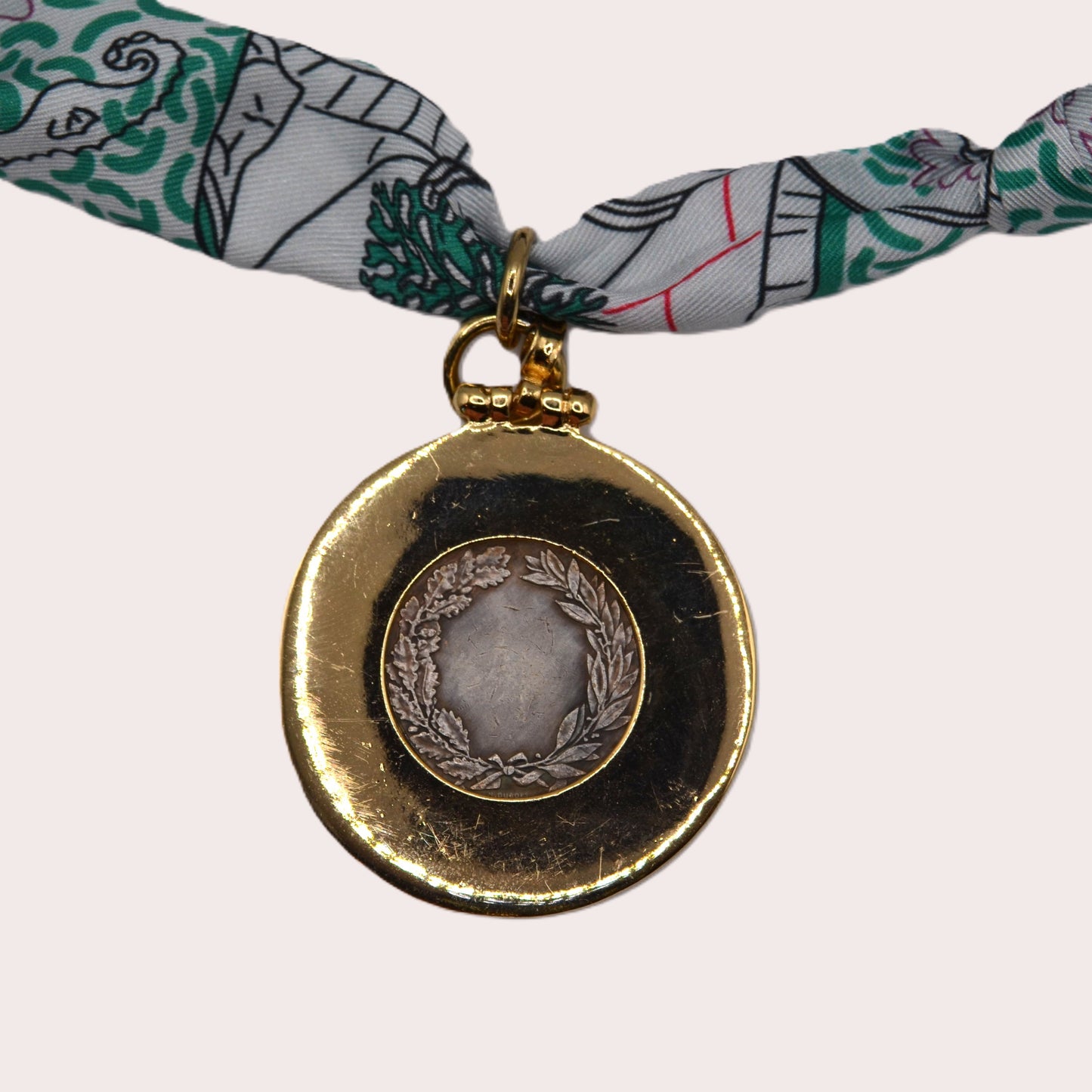 Green Multi-colored Scarf Necklace with Roman Pendant