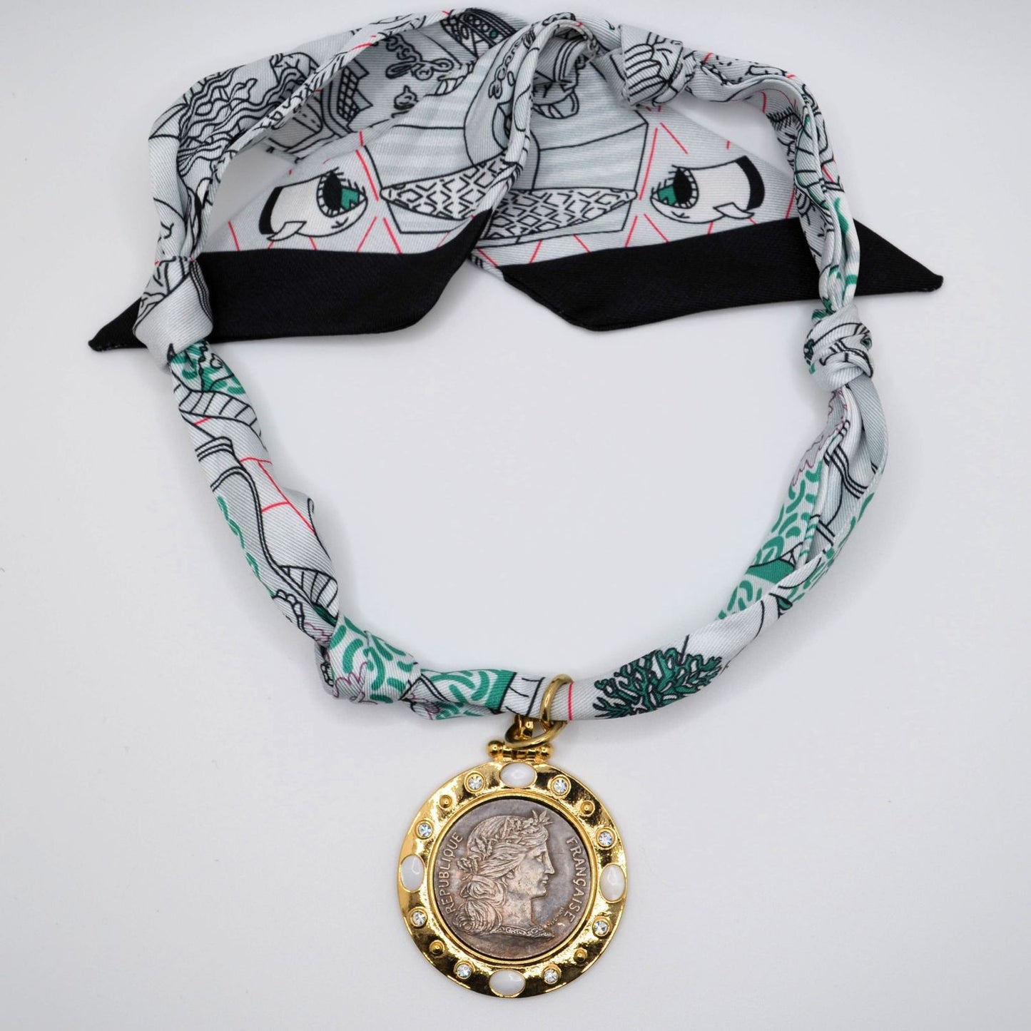 Green Multi-colored Scarf Necklace with Roman Pendant