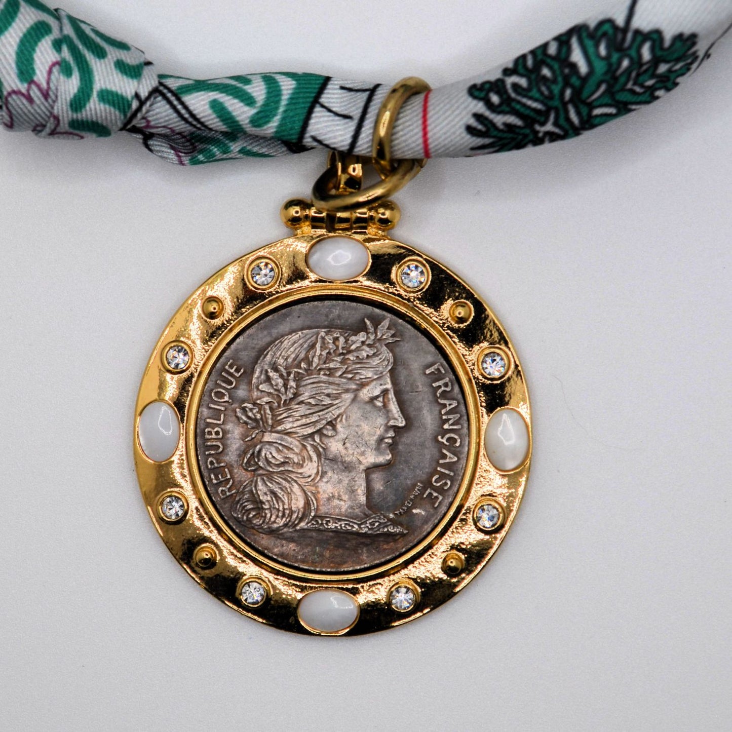 Green Multi-colored Scarf Necklace with Roman Pendant