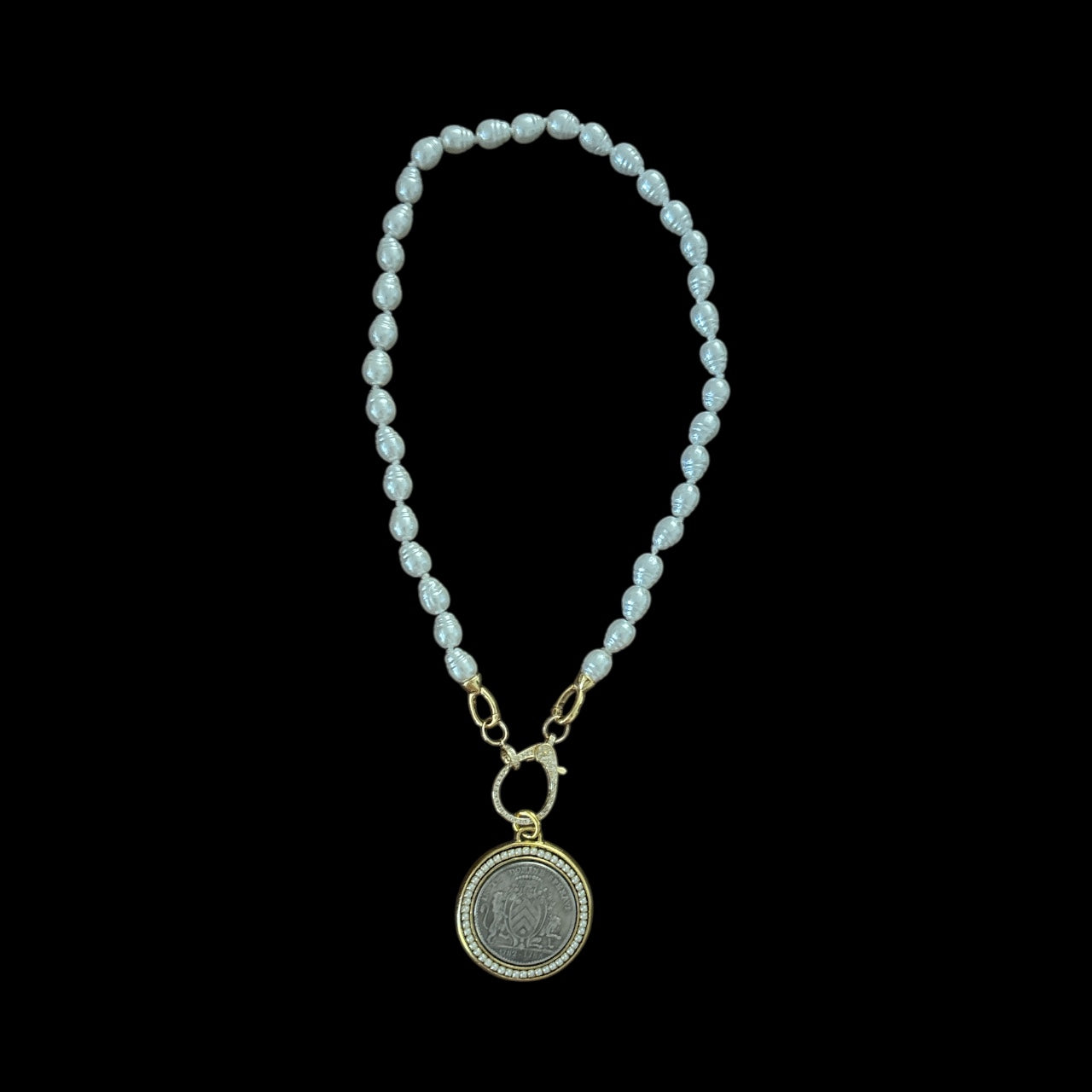 White potato pearl necklace with French coin and lobster clasp