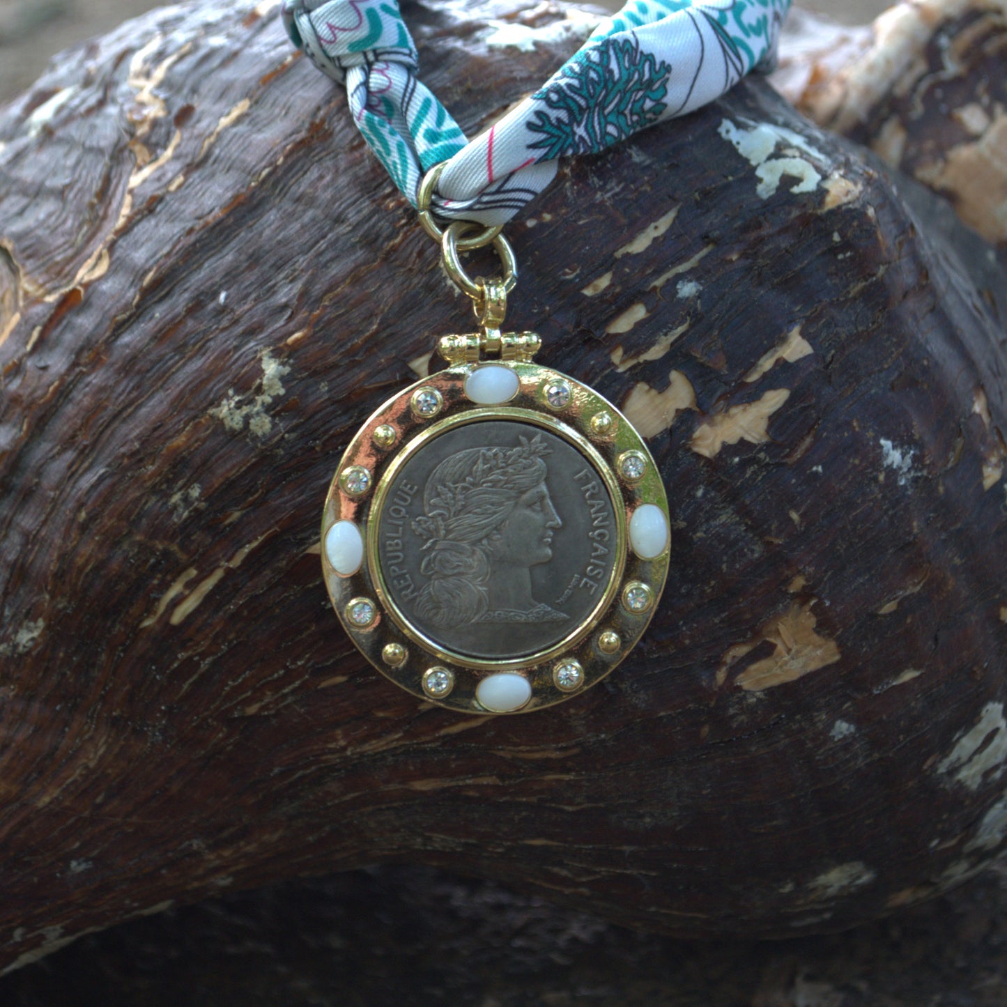 Green Multi-colored Scarf Necklace with Roman Pendant