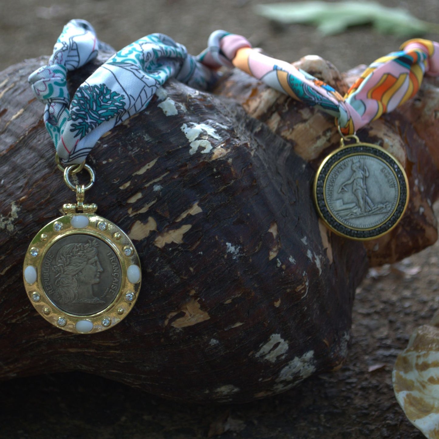 Green Multi-colored Scarf Necklace with Roman Pendant