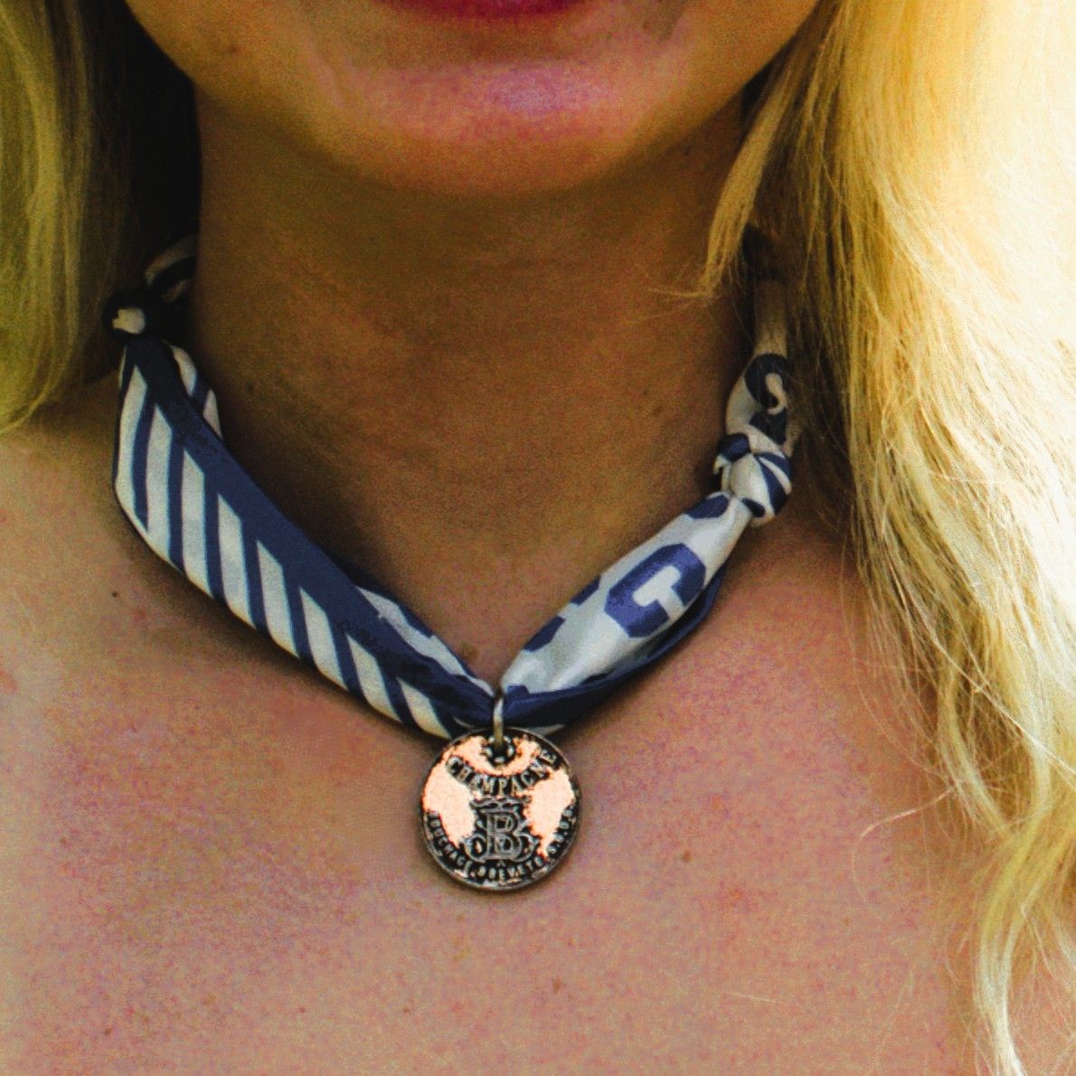 Silver Coin and Blue Scarf Necklace