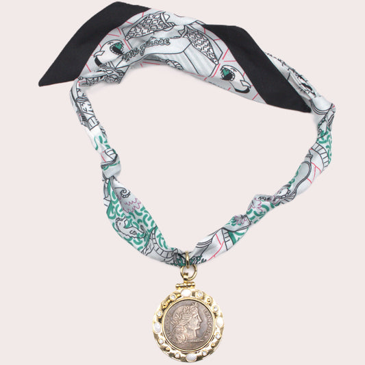 Green Multi-colored Scarf Necklace with Roman Pendant