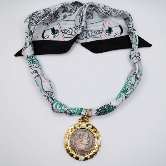 Green Multi-colored Scarf Necklace with Roman Pendant