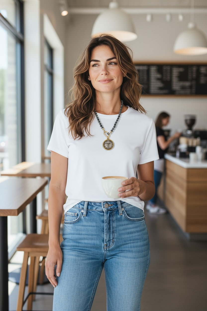 Cross pendant with dark gray glass pearls
