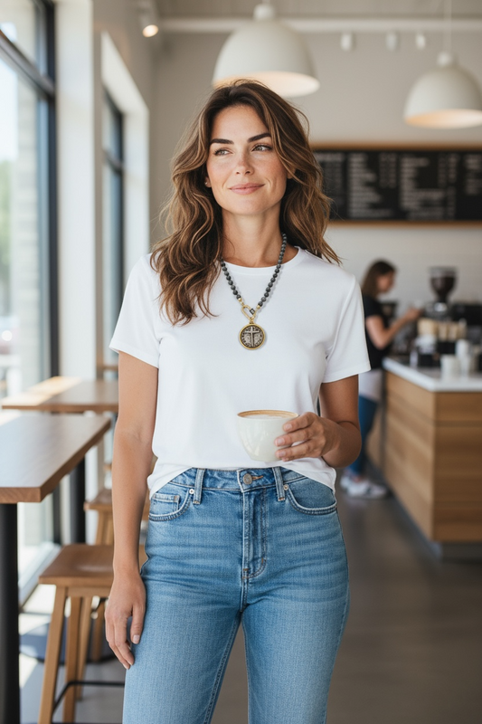 Cross pendant with dark gray glass pearls