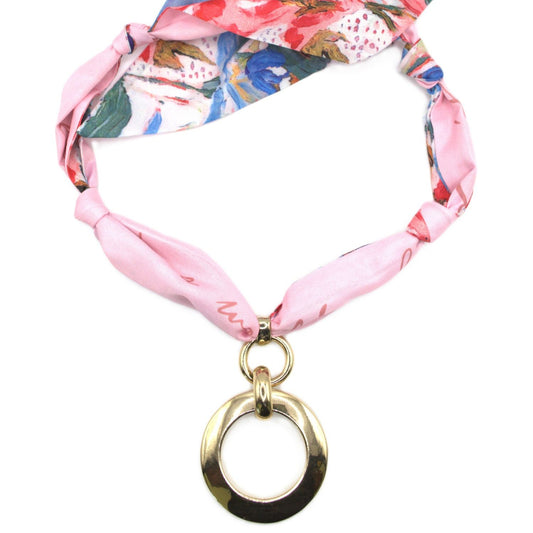 Pink Multicolored Scarf Necklace Gold Pendant